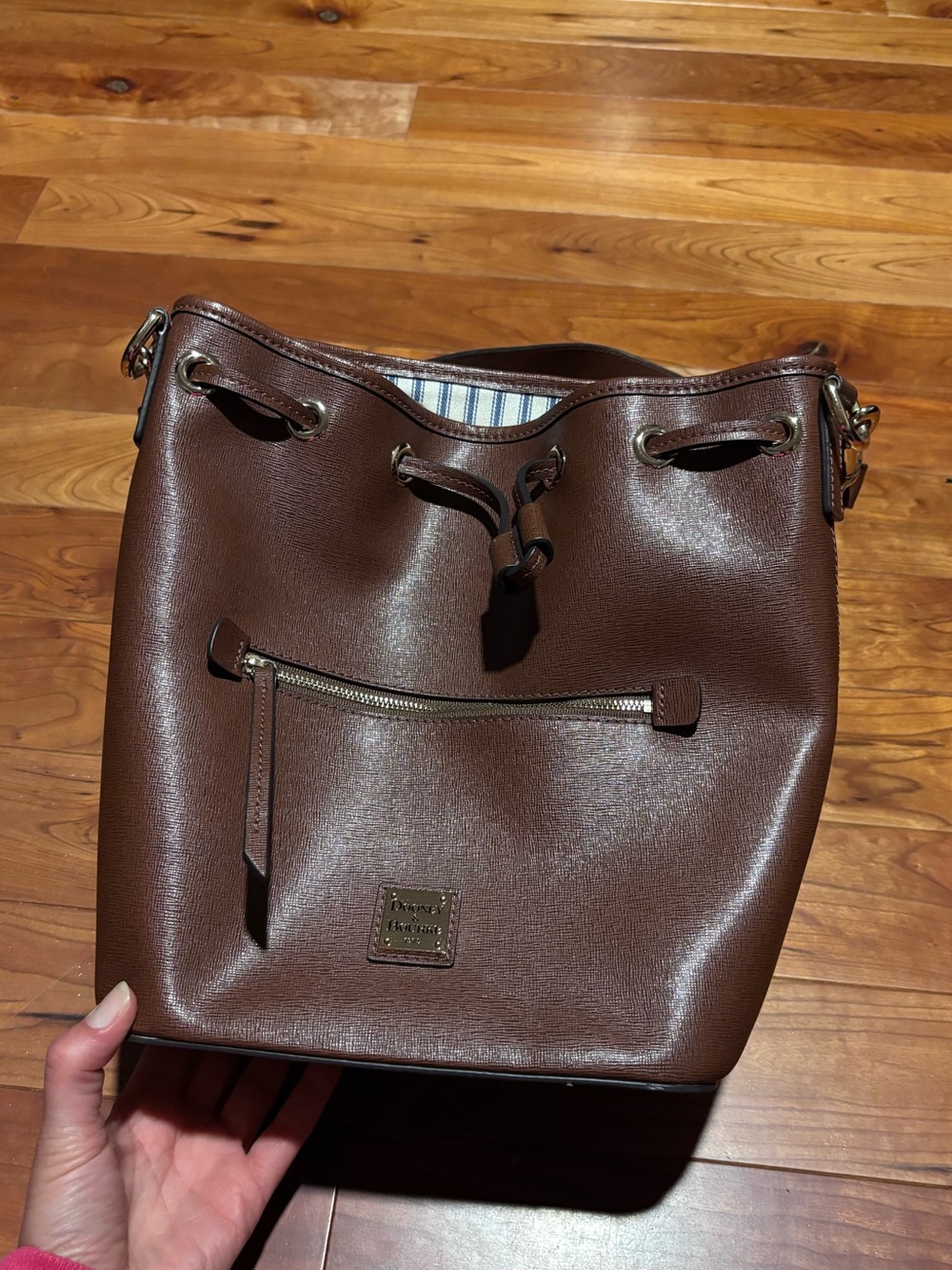 Dooney & Bourke saffiano Brown Leather Drawstring Bucket Bag - Picture 2 of 9